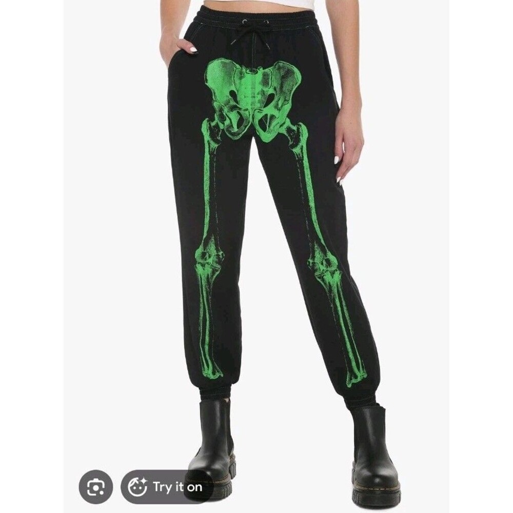 Hot Topic Green Skeleton Jogger Pants Womens XL Black Green Halloween